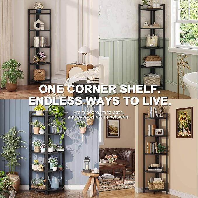 FATORRI Rustic Tall Corner Shelf, 5 Tier Industrial Corner Bookshelf - Image 4
