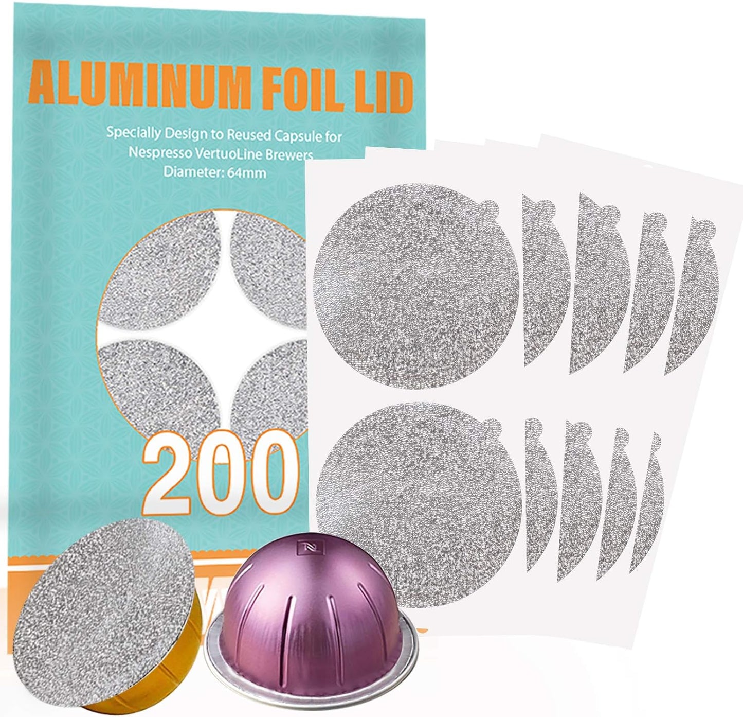 CAPMESSO Aluminum Foils Lids to Reuse Vertuoline Capsules Coffee Pods Compatible with Nespresso VertuoLine Machine 64mm(200/package)