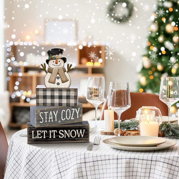 Yuntau 4 Pcs Winter Table Decorations Wooden Snowman Winter Tiered Tray Decor - Image 5