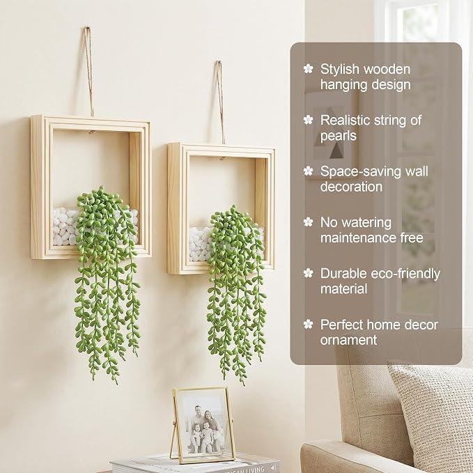 2 Pack Fake Plants Hanging, Artificial Succulents Plants in Square Wooden Frame - Image 7