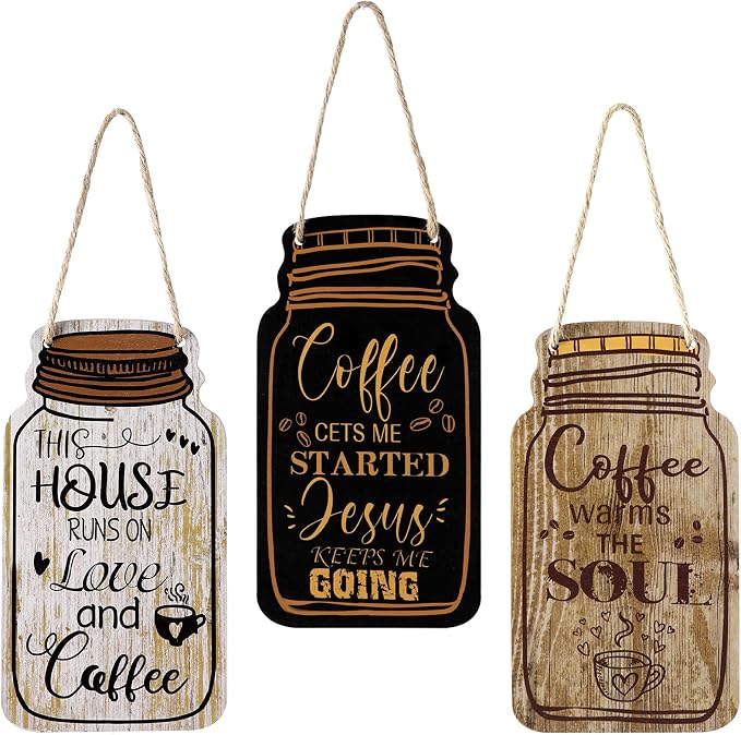 Jetec 3 Pcs Coffee Bar Decor Sign Mason Jar Wall Hanging Plaque Farmhouse by Jetec