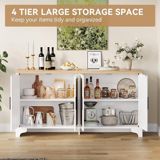 GarveeHome 4-Door Sideboard Buffet Cabinet, Natural Rattan Storage Cabinet - Image 4