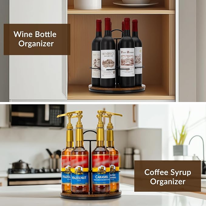 Rotating Coffee Syrup Organizer Hold 6 Bottles, Wood Coffee Syrup Rack - Image 6