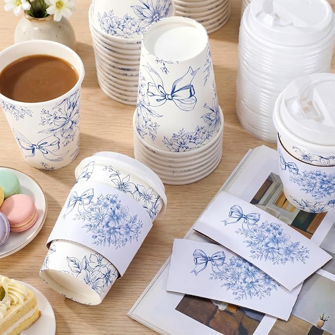 Vesici 60 Set 14oz Blue Bow Floral Disposable Coffee Cups - Image 5