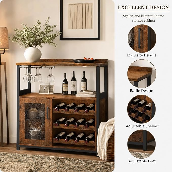 Wine Bar Cabinet with LED light, 3-Tier Removable wine rack cabinet glass holder - Image 5
