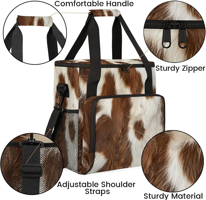 Cow Skin Brown And White Coffee Maker Carring Bag, Large Insulated Storage - Image 6