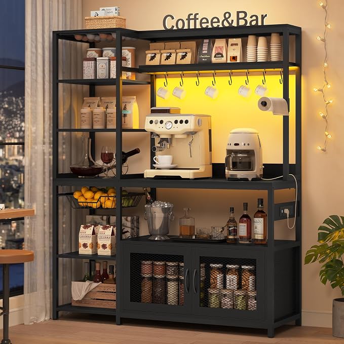 47.2 in Bakers Rack with Power Outlet & LED Light, Coffee Bar with Coffee Pod - Image 7