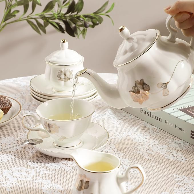 CHENP.HMC Porcelain Ceramic 22-Piece Tea Set, Teapot and Cup Set, 30.7 Ounces - Image 5