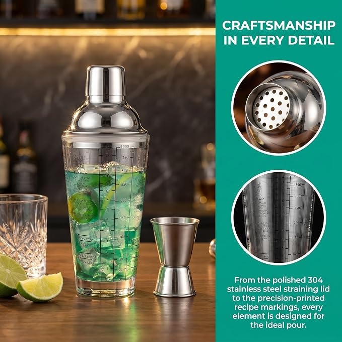 Glass Cocktail Shaker with Strainer, 14oz Martini Shaker with 6 Recipes On Side - Image 7