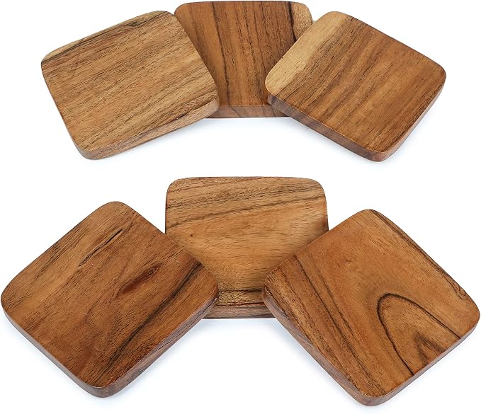 Acacia Wood Handcrafted Set of 6 Square Coasters by LAVAUXDESIGNS