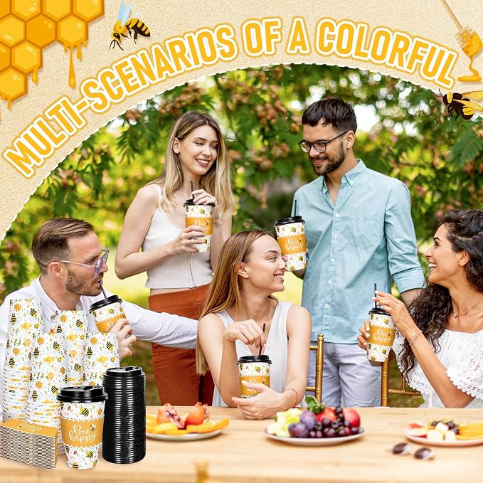 Whaline 50 Pcs Summer Bee Disposable Coffee Cups - Image 6