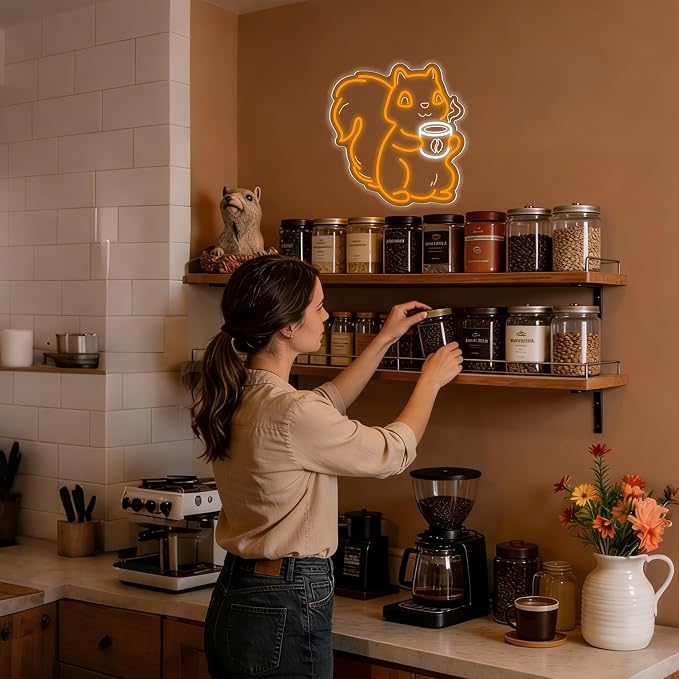 Squirrel Drinking Coffee Neon Sign, Squirrel Dimmable Coffee Bar Sign - Image 2