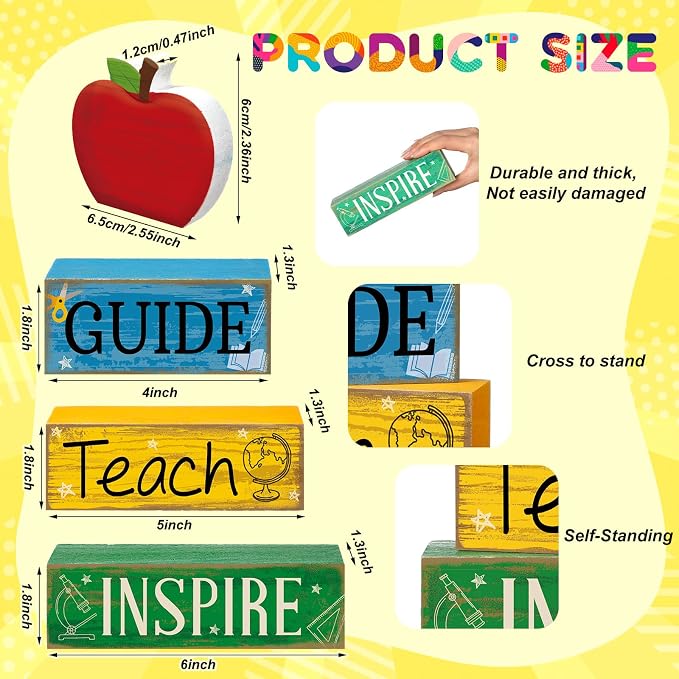 Yuntau 4 Pcs Teacher Appreciation Gift Wooden Apple Table Decoration Guide - Image 3