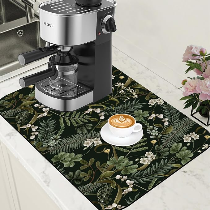 White Flowers and Berries Coffee Mat Fern and Leaves Dish Drying Mat Absorbent by Unknown