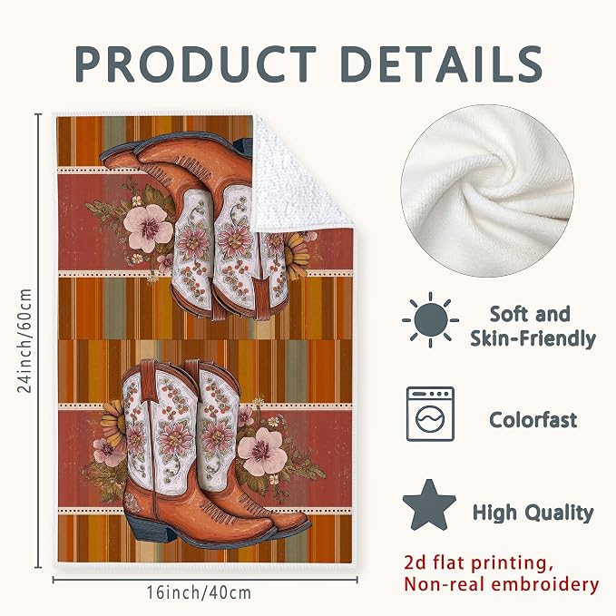 Cowboy Boots Kitchen Towels Set of 4, Western Rustic Flowers Stripes Fall Brown - Image 3