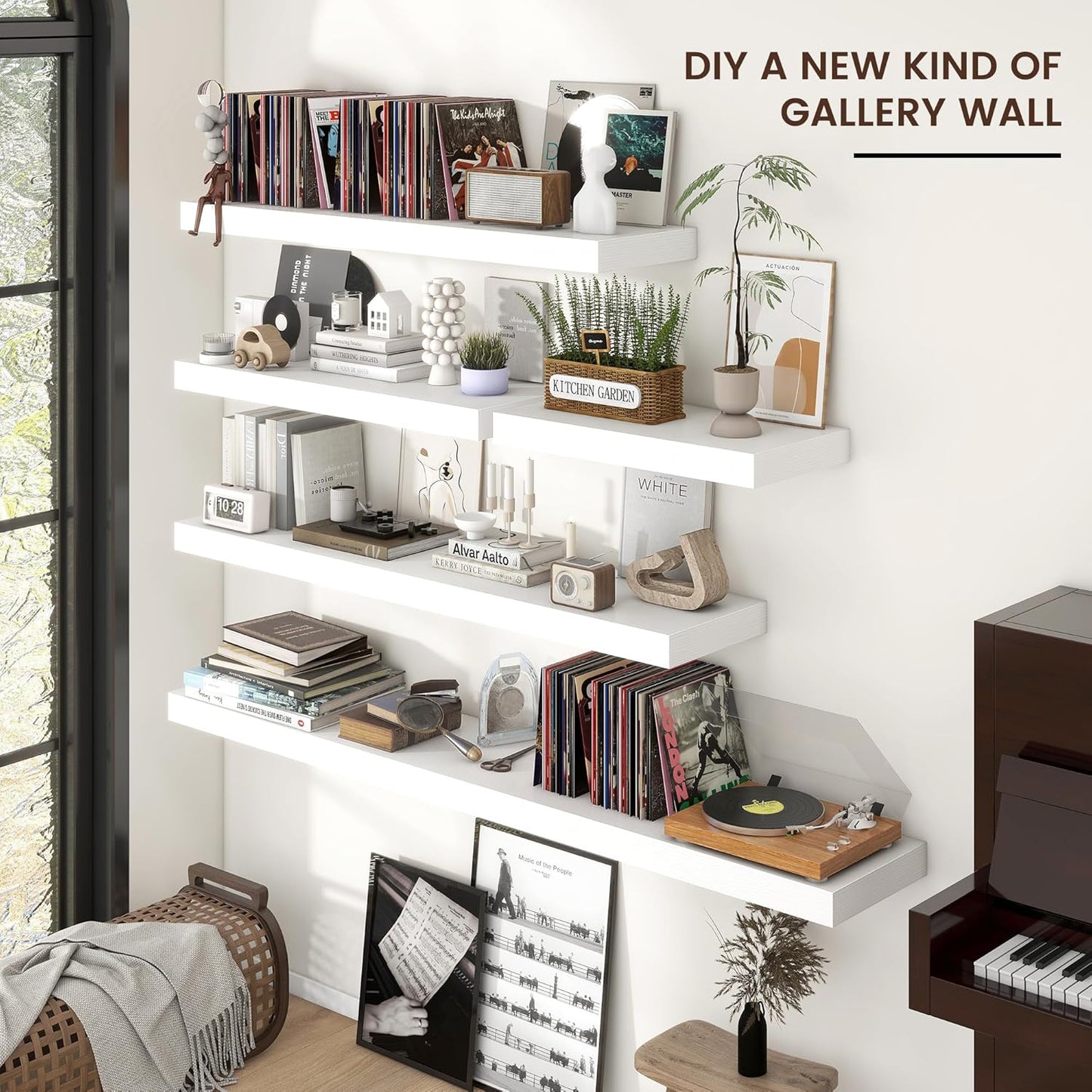 Floating Shelves for Wall, Large Wall Mounted Shelves with Invisible Brackets, Long Wood Floating Shelf for Living Room, Bedroom, Kitchen, (White, 55" W x 9" D x 1.5" H)