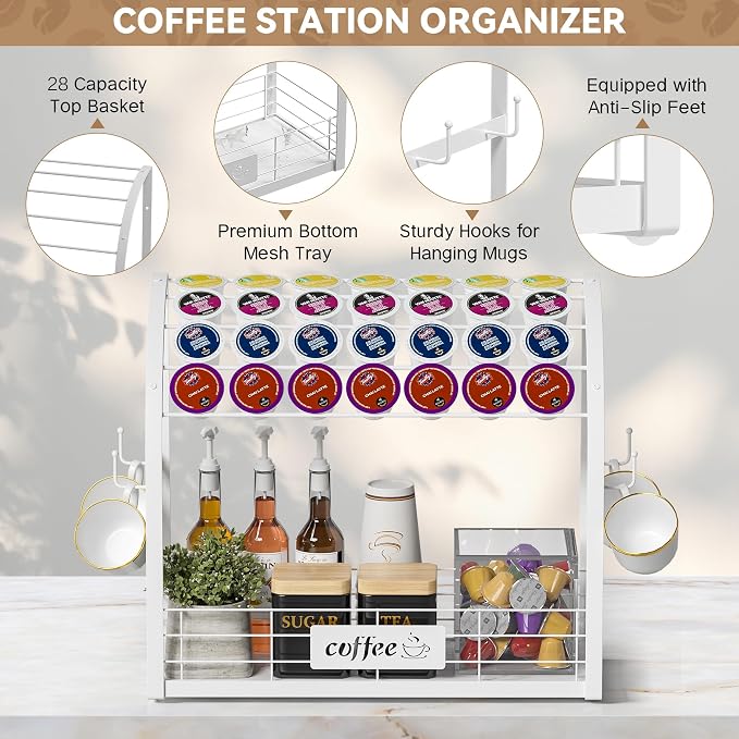 Metal K Cup Holder with Wooden Tray, 2-Tier Coffee Bar Organizer with Mug Hooks - Image 6