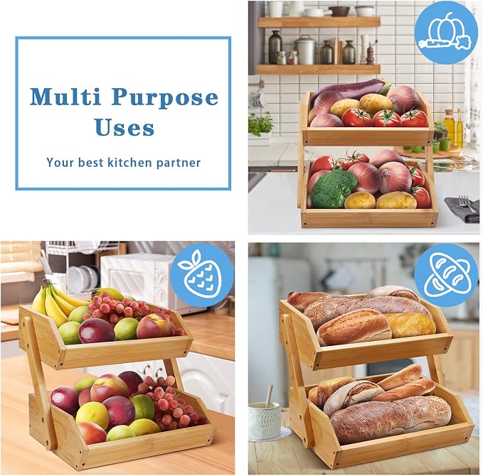 Merysen 2 Tier Fruit Basket For Kitchen, Bamboo Vegetable Storage Bowl Stand - Image 7