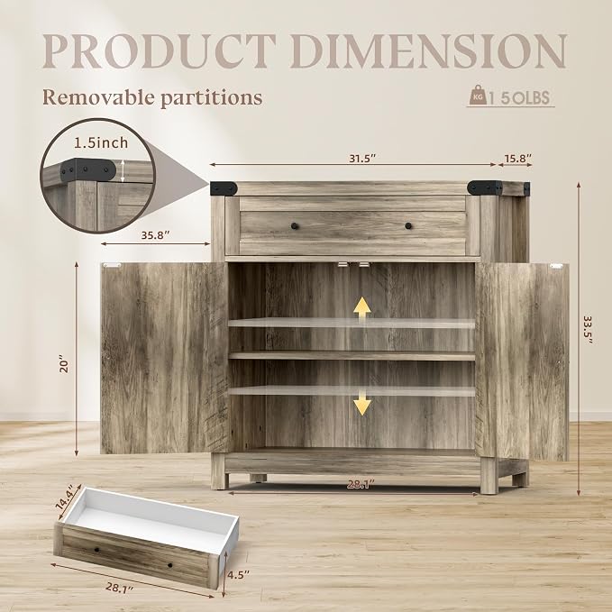 YESHOMY Coffee Bar and Accent Cabinet, Farmhouse Barn Door Buffet Sideboard - Image 3