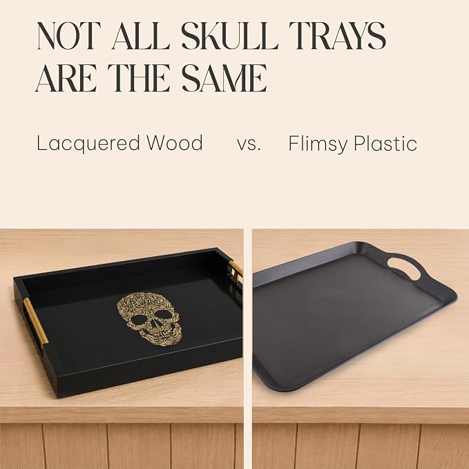 Gothic Skull Serving Tray with Gold Handles – Black Gloss Wooden Ottoman Tray - Image 5