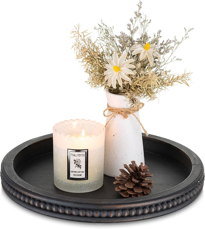 Hanobe Decorative Coffee Table Tray: Modern Farmhouse Beaded Round Tray Decor by Hanobe
