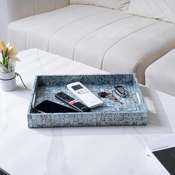 PEMAR Rectangular Mother of Pearl Serving Tray Nacre Wood Lap Ottoman Tray - Image 7