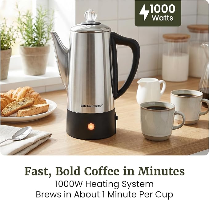 Elite Gourmet 6-Cup Electric Coffee Percolator – Stainless Steel, Fast Brewing - Image 2