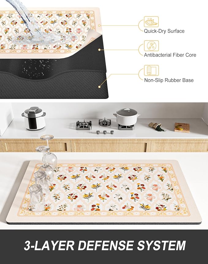 Rnivvi Dish Drying Mat for Kitchen Counter, XL 15 x 24" Cute Flower Theme - Image 4