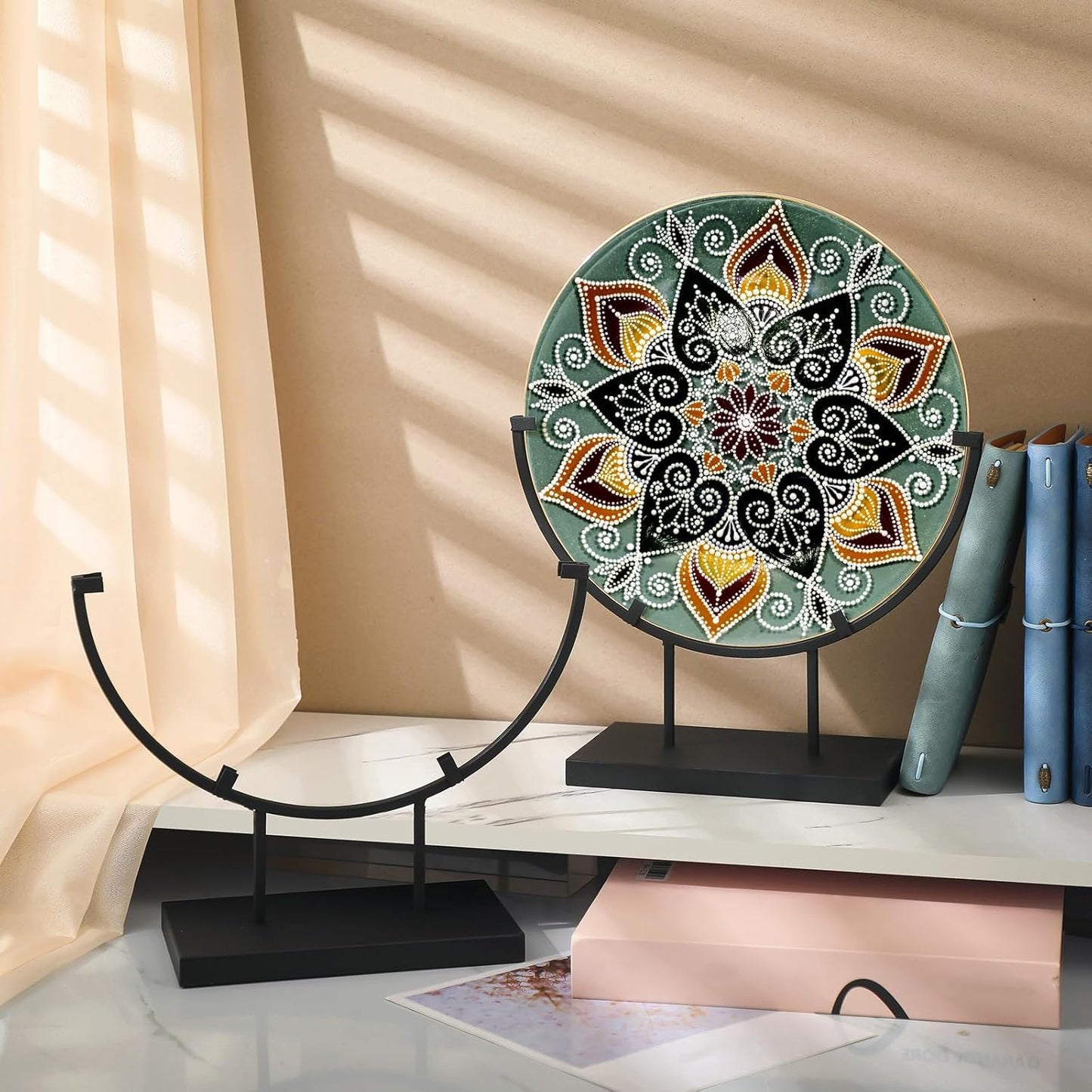 Blulu 4 Pcs 10 Inch Round Metal Display Stands for Stained Art Fused Glass Display Stands Decorative Fused Art Base for Plate Picture Platter Photo (Black)