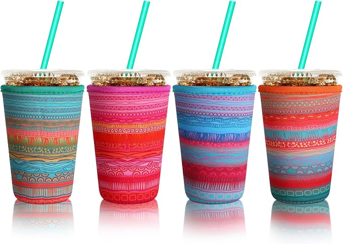 Patelai 4 Pack Reusable Iced Coffee Insulator Sleeve, Neoprene Coffee Cup Holder by Patelai