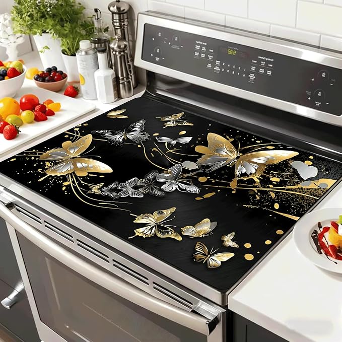 Black Gold Butterfly Stove Top Cover 28.3 x 20.5 Inches, Heat Resistant Glass by KKYEJLQYI