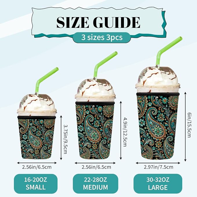 Paisley Floral Iced Coffee Cup Sleeve 3 Pack, Boho Reusable Neoprene Holder - Image 3