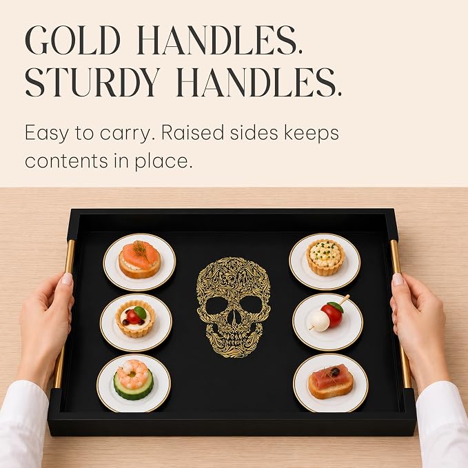 Gothic Skull Serving Tray with Gold Handles – Black Gloss Wooden Ottoman Tray - Image 3