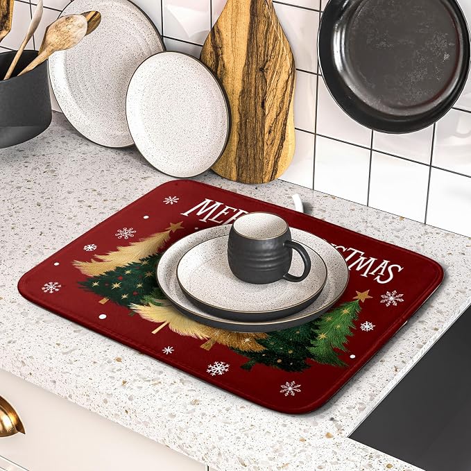 Xmas Tree Red Dish Drying Mat for Kitchen Counter, Winter Snowflake Drying Mat - Image 5