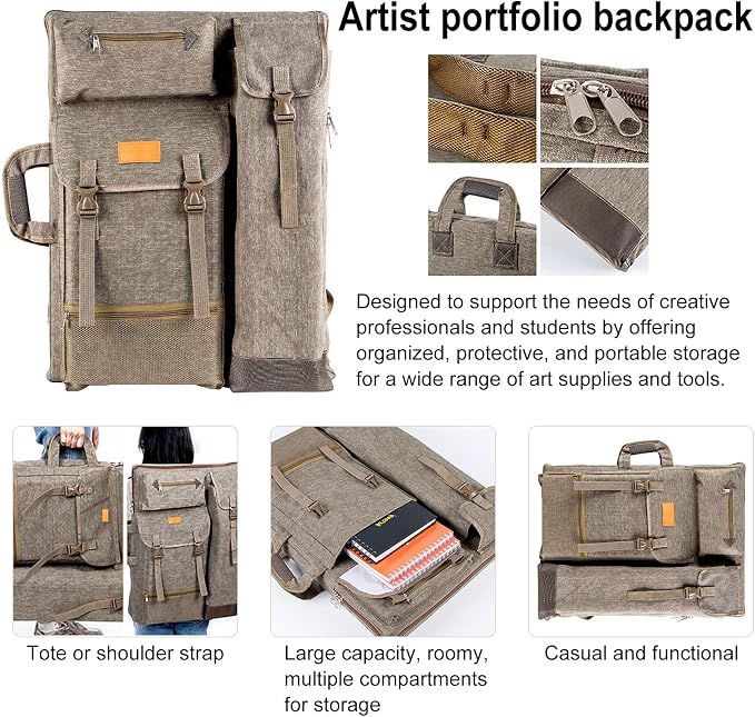 TRANSON Art Portfolio Case Artist Backpack Canvas Bag Large 26” x 19.5” - Image 2