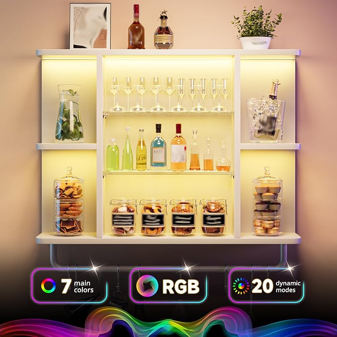 REIBII Floating Shelves with LED Lights, 7-Tier Wood Shelf, Wall Mounted - Image 3