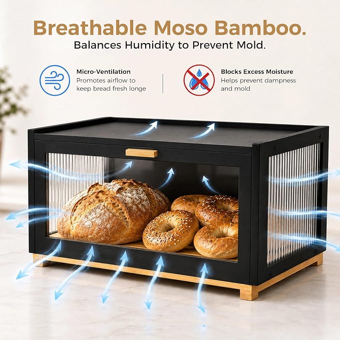 MinBoo Black Bamboo Bread Box for Kitchen Countertop - Image 5