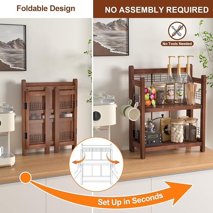 No-Assembly Coffee Bar Organizer, 2-Tier Coffee Station Shelf | Foldable Oak - Image 2