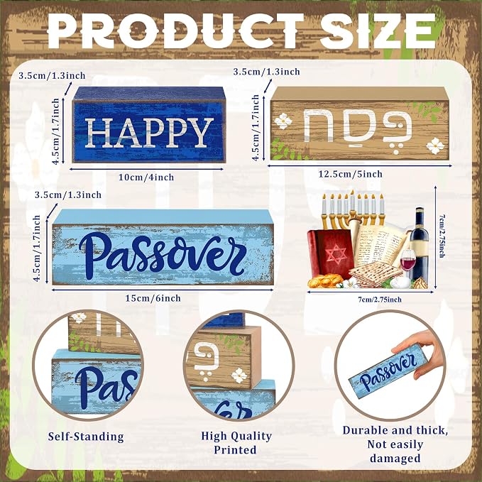 Lineshading 4 Pcs Happy Passover Table Decorations Wooden Menorah Table - Image 3