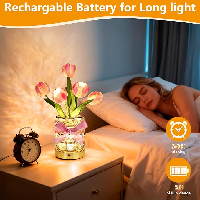 Handmade Flower Lamp, Rechargeable Cordless Touch Table Lamp, 3-Colour - Image 4