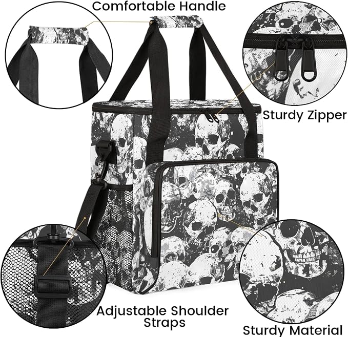 Sugar Skull Black White Skeleton Coffee Maker Carring Bag, Large Insulated - Image 6