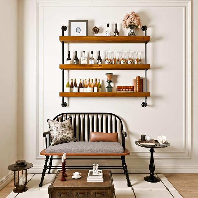 Industrial Wine Rack Wall Mounted, Solid Wood Shelf - Image 8