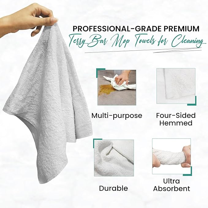 White Bar Towels, 14” x 17”, Reusable Cleaning Towels, Durable Terry Cloth Rags - Image 3