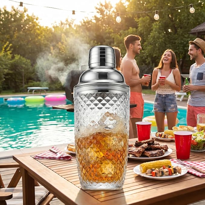 Diamond Cut Glass Cocktail Shaker 15oz | Leakproof, Stainless Lid, Upgrated - Image 4