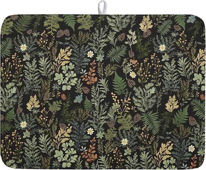 Black Green Botanical Dish Drying Mat by Kawani