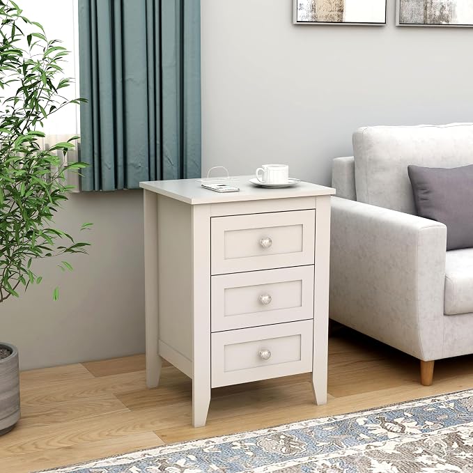White End Table with Charging Station and 3 Storage Drawers, Modern Side Table by Noeko