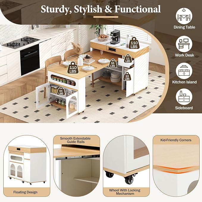 Rolling Kitchen Island with Extendable Dining Table & Power Outlet, 73.8’’ - Image 6