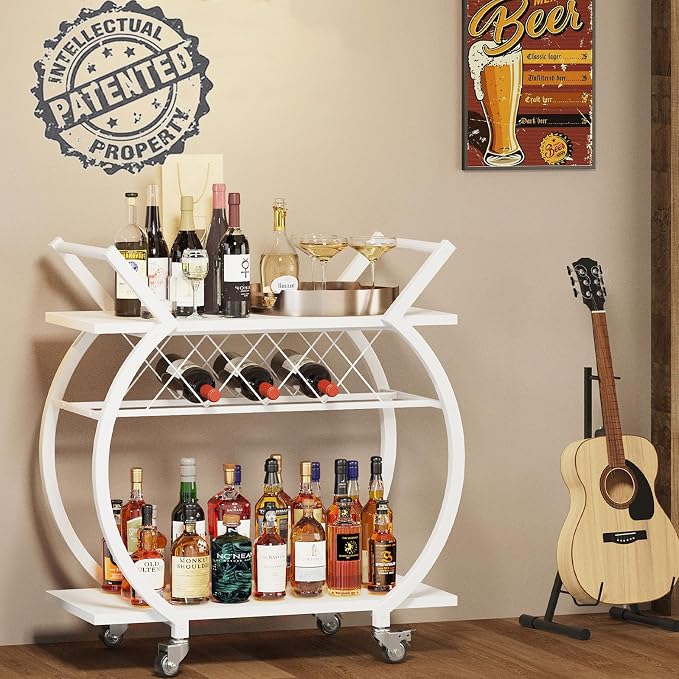 LVB White Bar Cart, Modern Rolling Serving Wine Cart - Image 3