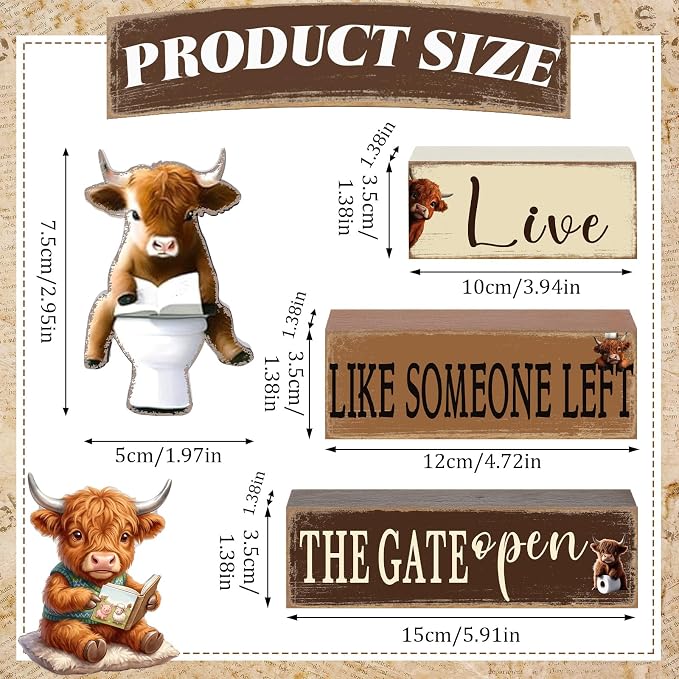 Geelin 4 Pcs Highland Cow Bathroom Decorations Bathroom Wooden Table - Image 4
