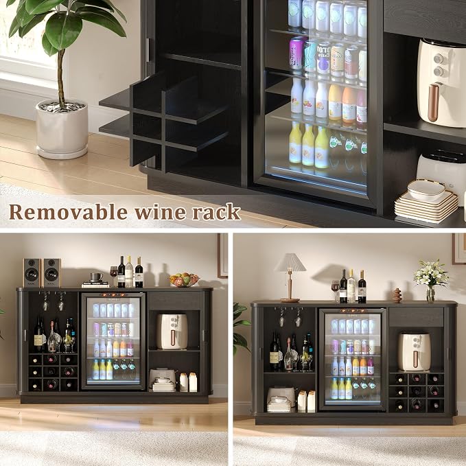 Coffee Bar Cabinet with Fridge Space, Liquor Wine Bar Cabinets with Wine Rack - Image 4